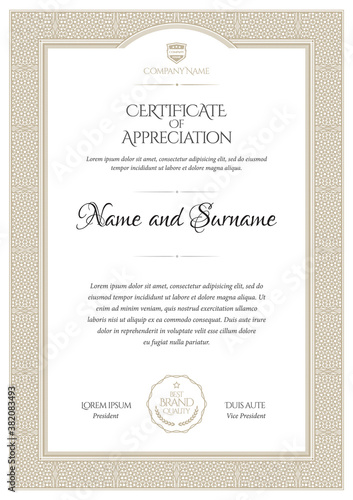 Certificate Template. Diploma of modern design or gift certificate. Frame from guilloche pattern. Elegant and expensive design. Vector illustration.