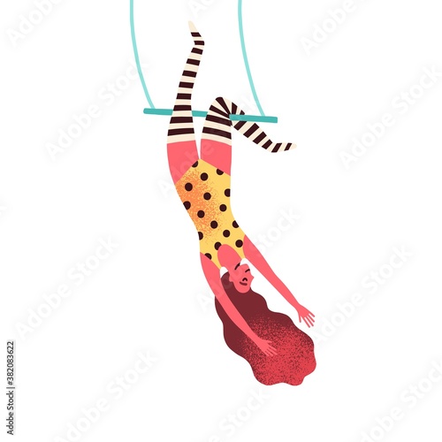 Flexible woman equilibrist hanging on swing holding by legs vector flat illustration. Cute female professional gymnast performing show at circus isolated. Aerial acrobat at Shapito performance