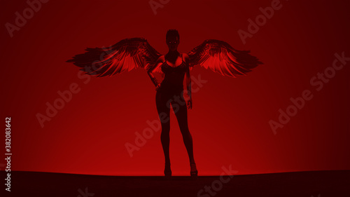 Tableau sur toile Red Woman at the Gates of Hell in a Corset with Black Wings Standing 3d Illustra
