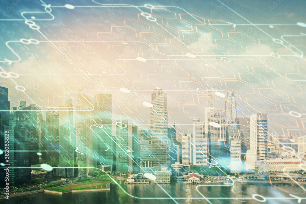 Obraz premium Data theme hologram drawing on city view with skyscrapers background multi exposure. Bigdata concept.
