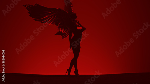 Photos Red Woman at the Gates of Hell in a Corset and Top Hat with Black Wings Standing