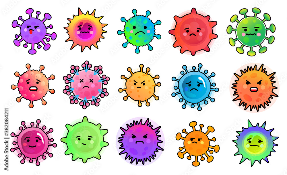 Set of character shaped cell of a microorganism. Illustrations concept corona virus COVID-19 in Wuhan. Flat design template. Stop corona virus. Bacteria virus infection, bacteria virus microbe. Set of character shaped cell of a microorganism. Illustrations concept corona virus COVID-19 in Wuhan. Flat design template. Stop corona virus. Bacteria virus infection, bacteria virus microbe.