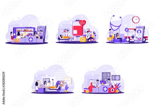 collection of illustrations of tiny people with the concept of health and medical needs. Vector illustration