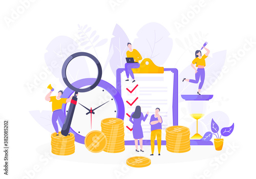 Time is money business concept of money saving. Time management, money installment with future growth. Teamwork concept flat style design vector illustration isolated on white background.