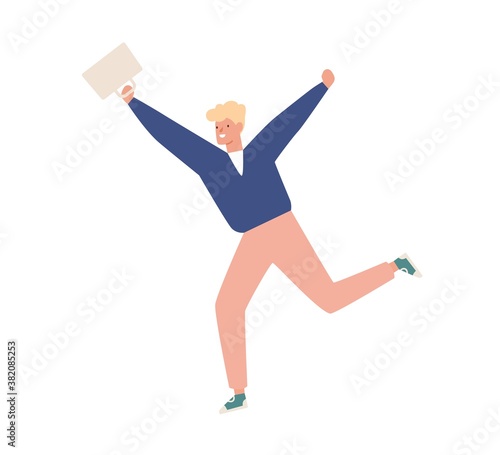 Happy casual teen carrying briefcase running vector flat illustration. Joyful male student hurry or haste with raising hands isolated on white. Smiling modern teenager rush to college or school