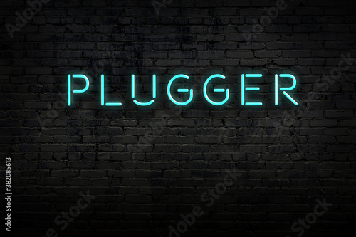 Night view of neon sign on brick wall with inscription plugger photo