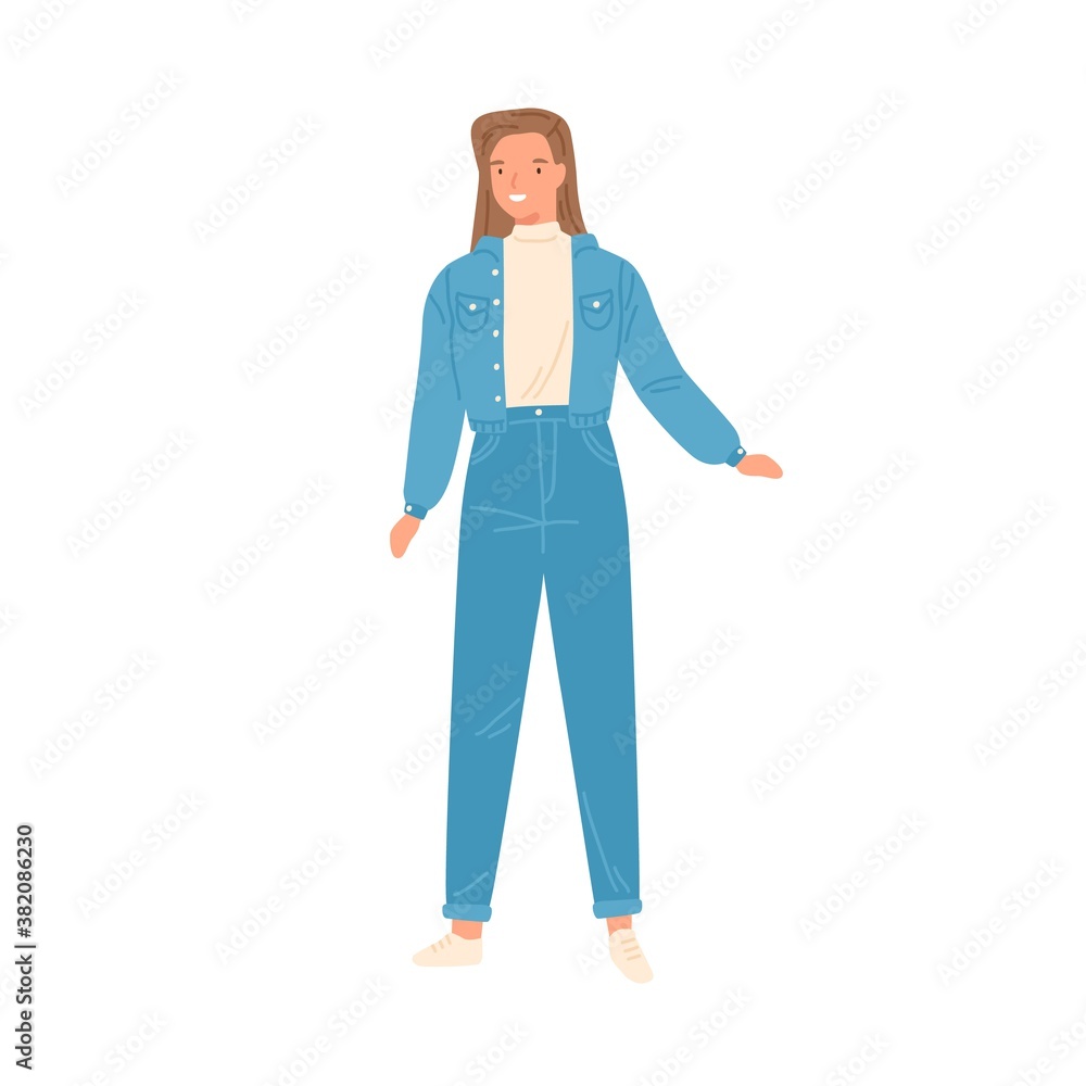 Smiling woman in retro style denim jeans, jacket and turtleneck vector flat illustration. Fashionable female demonstrate vogue of 1990s isolated on white. Trendy stylish person in classy outfit