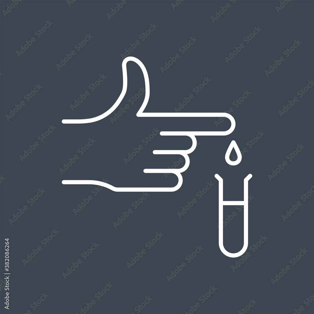 Blood test related vector thin line icon. Blood dripping from a finger into a flask for a coronavirus disease test. Isolated onblack background. Editable stroke. Vector illustration. Blood test related vector thin line icon. Blood dripping from a finger into a flask for a coronavirus disease test. Isolated onblack background. Editable stroke. Vector illustration.