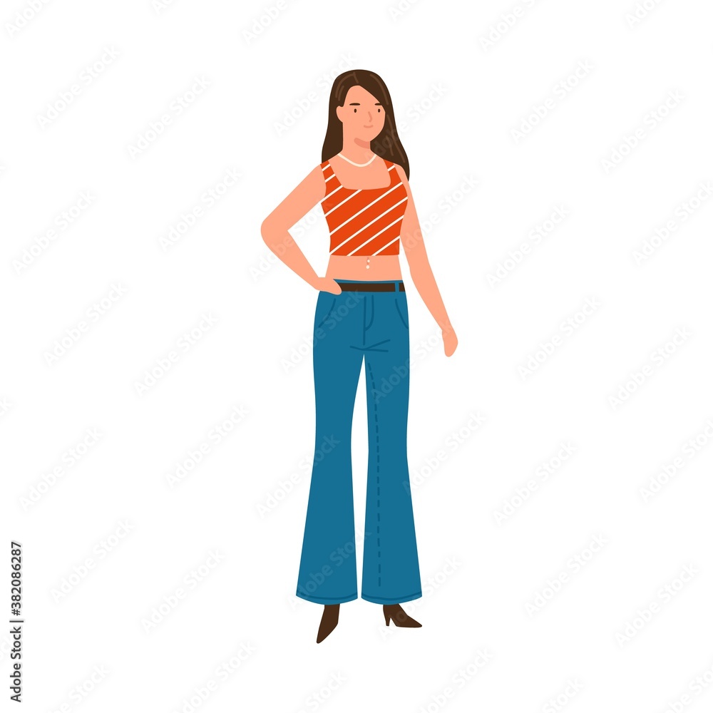 Trendy woman wearing flared denim jeans and top vector flat illustration. Stylish person demonstrate fashion street style of 2000s isolated on white. Adorable fashionable female in casual apparel Trendy woman wearing flared denim jeans and top vector flat illustration. Stylish person demonstrate fashion street style of 2000s isolated on white. Adorable fashionable female in casual apparel