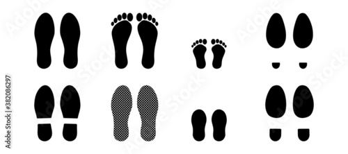 Footprints human silhouette, vector set, isolated on white background. Shoe soles print. Foot print tread, boots, sneakers. Impression icon barefoot.