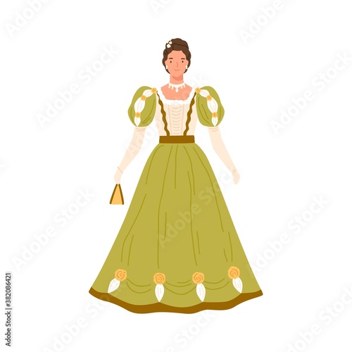 Adorable fashion woman in retro dress and accessories vector flat illustratio...