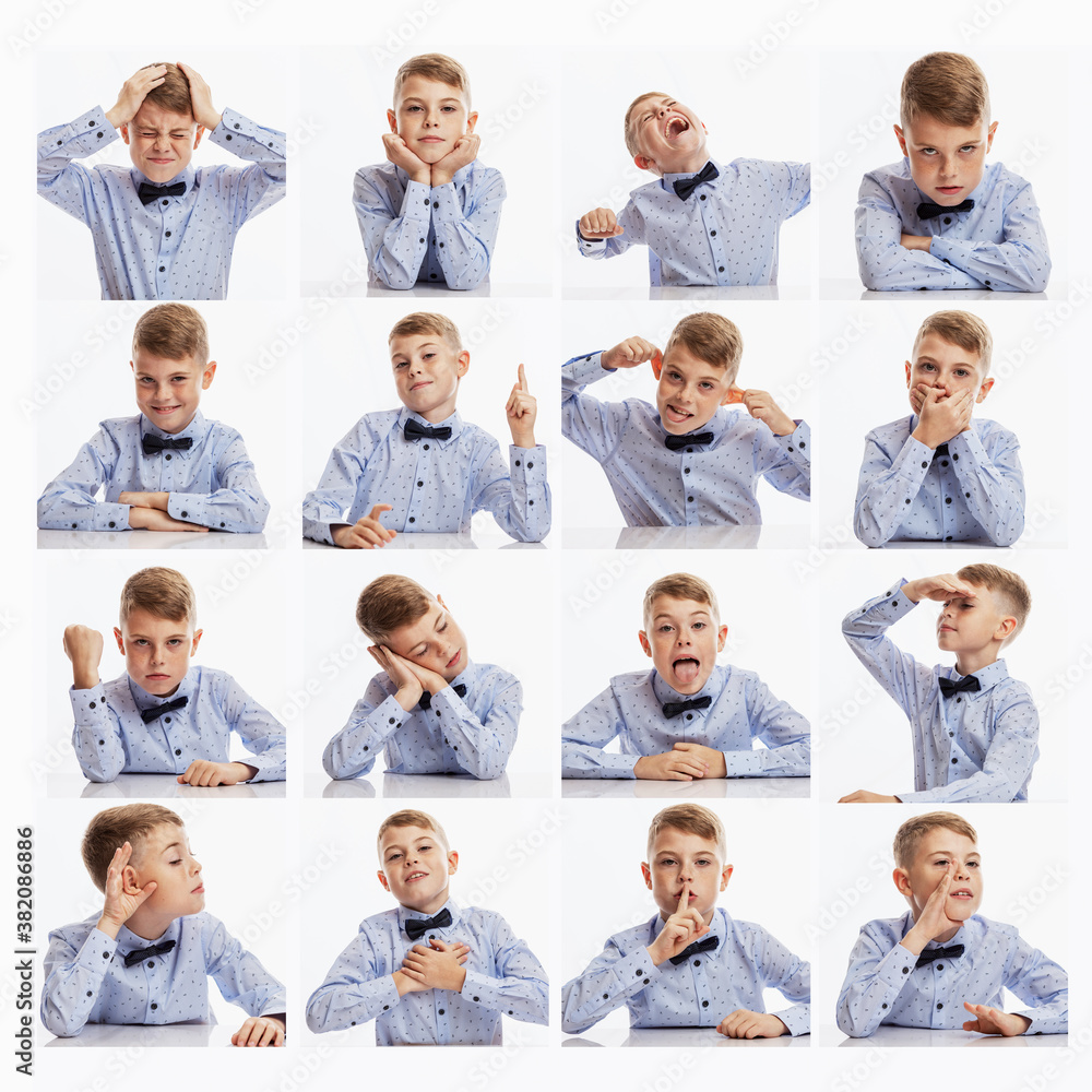 Fototapeta premium Emotional set of photos of a schoolboyt. White background. Square format.