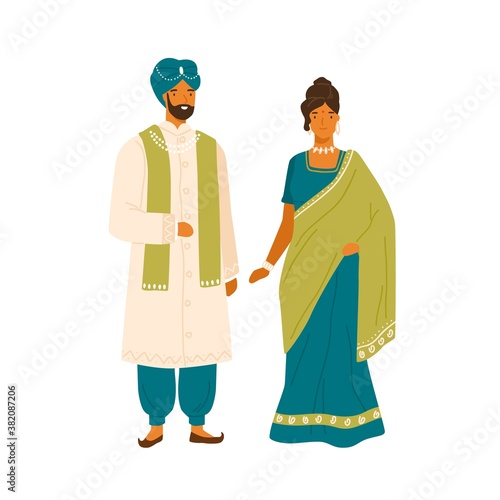 Couple in national india costume vector flat illustration. Man and woman in traditional indian dress, headdress and accessories isolated on white. People wearing folk apparel standing together