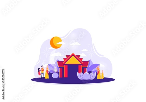 Buddhist congregations in the monastery pray with the monks. Vector illustration