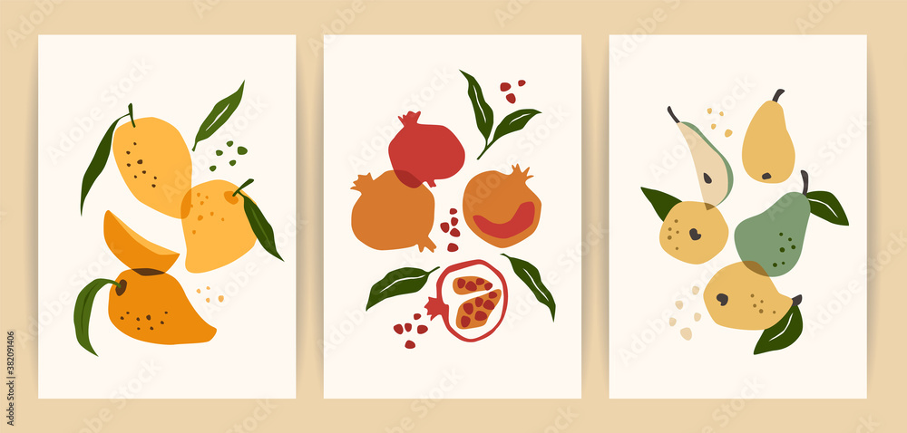 Collection of contemporary art prints. Abstract fruits. Mango, pomegranate and pear. Collection of contemporary art prints. Abstract fruits. Mango, pomegranate and pear.