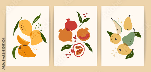 Collection of contemporary art prints. Abstract fruits. Mango, pomegranate and pear.