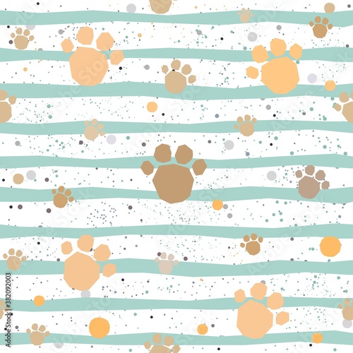 Cute Pattern with Golden dog paws with pastel blue stripes on beige background with tiny dots. Hand Drawn Design.
