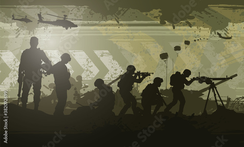 Military vector illustration, Army background, soldiers silhouettes.	