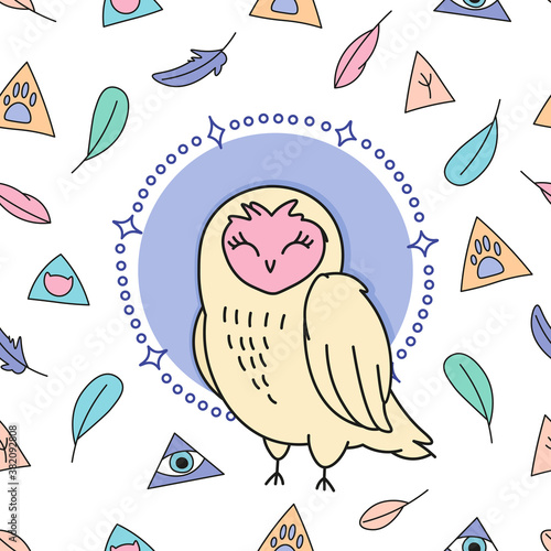 cute cartoon sleepy owl on magic white background seamless pattern, hand drawn editable vector illustration