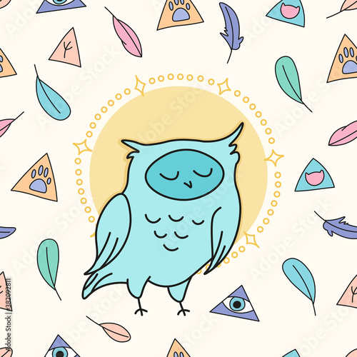 cute cartoon sleepy owl on magic yellow background seamless pattern, hand drawn editable vector illustration