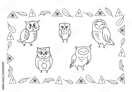 cute cartoon owls silhouettes on white background with doodle elements, hand drawn editable vector illustration for kids coloring book