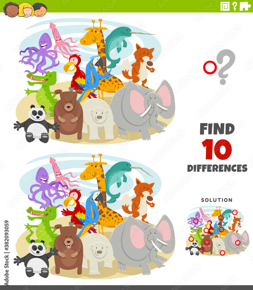 differences educational game with wild animal characters