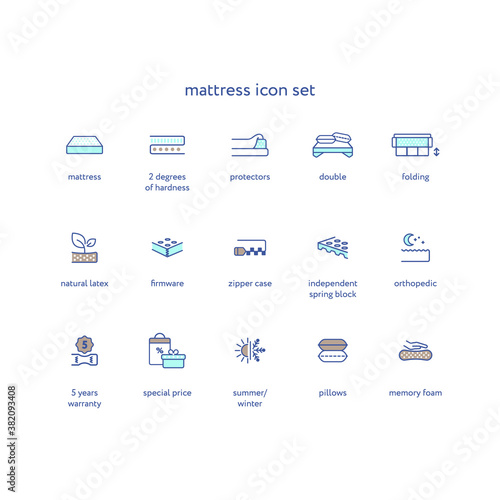 Orthopedic mattress linear icon set. Mattresses properties symbol pack — spine support, washable cover, hardness, latex, bedding illustrations. Isolated contour illustration photo