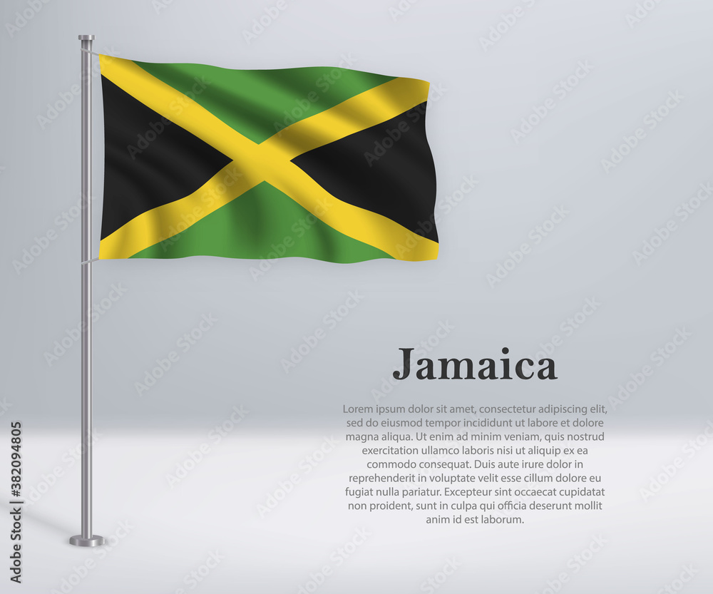 Waving flag of Jamaica on flagpole. Template for independence day poster Waving flag of Jamaica on flagpole. Template for independence day poster