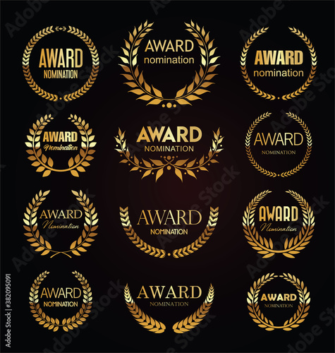 Golden award signs with laurel wreath isolated on black background