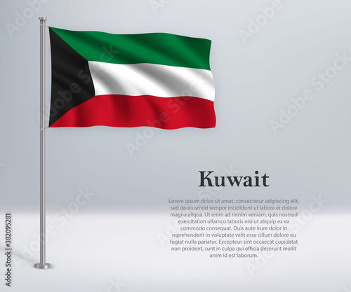 Waving flag of Kuwait on flagpole. Template for independence day