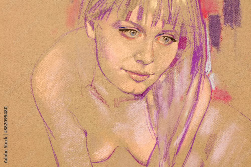 pencil drawing illustration, female nudity portrait, handmade