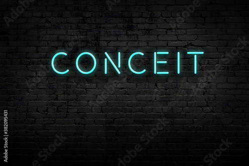 Neon sign. Word conceit against brick wall. Night view