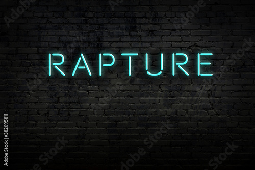 Night view of neon sign on brick wall with inscription rapture