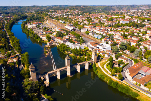 Aerial view of Pont Valentre bridge across the Lot River in Cahors, France
