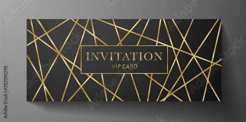 Premium invite VIP card template with gold line pattern on black background. Rich golden holiday design useful for invitation event, luxury gift certificate, exclusive voucher