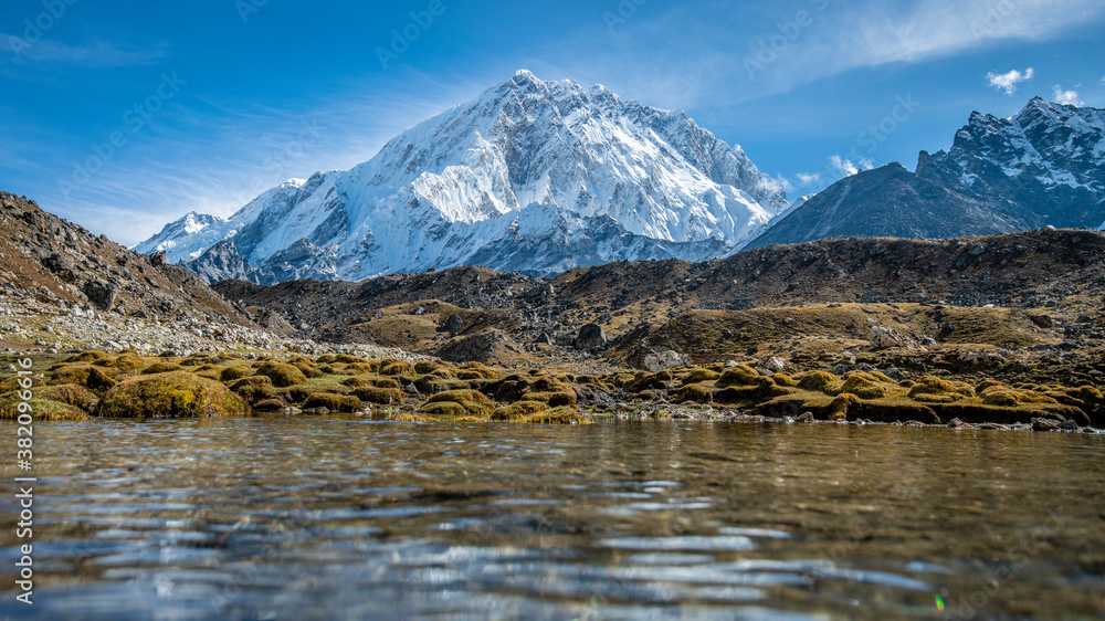 Landscape with a lake on the background of a snowy mountain in the Himalayas
