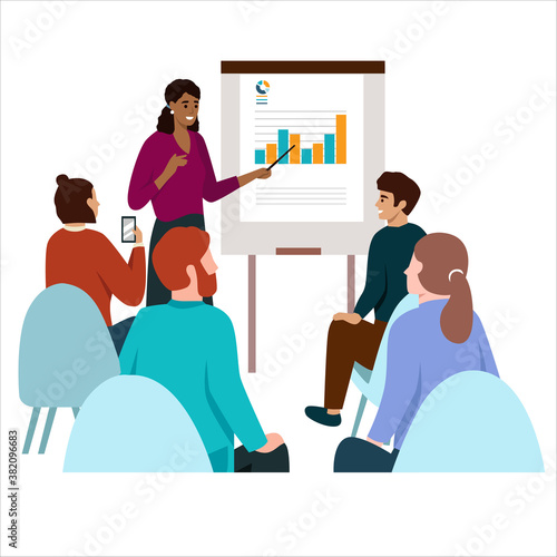 Business Strategy Courses for Women. Businesswoman Coach in Fashioned Dress Doing Presentation, Read Lecture or Seminar at Big Screen with Graphs for Female Audience. Cartoon Flat Vector Illustration.