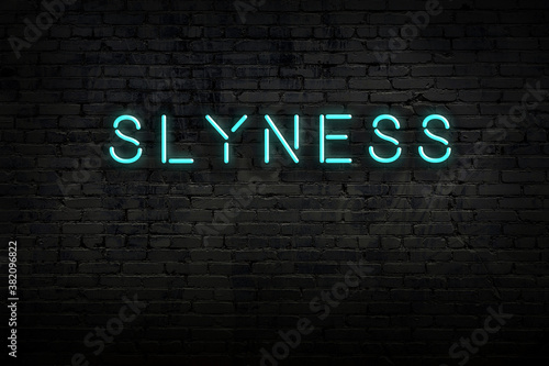 Neon sign. Word slyness against brick wall. Night view