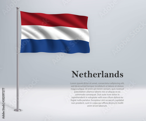 Waving flag of Netherlands on flagpole. Template for independence day