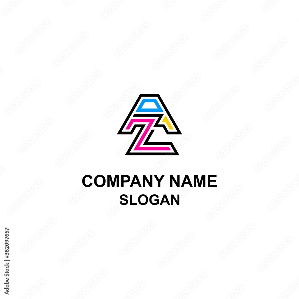 AZ letter initial logo in CMYK color profile, A and Z letter in cyan magenta yellow and black. AZ letter initial logo in CMYK color profile, A and Z letter in cyan magenta yellow and black.