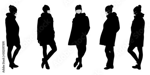 Vector concept conceptual  silhouette women taking while social distancing as means of prevention and protection against coronavirus contamination. A metaphor for the new normal.