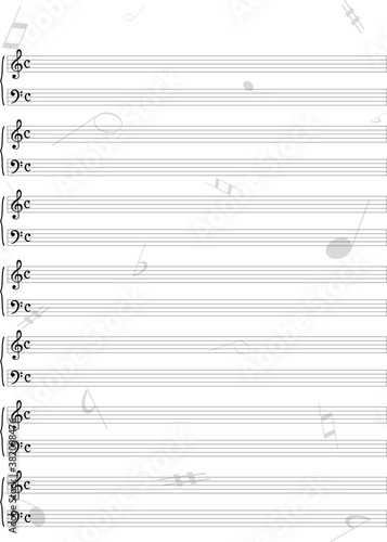 Blank music sheet score with violin keys. Real size for print.