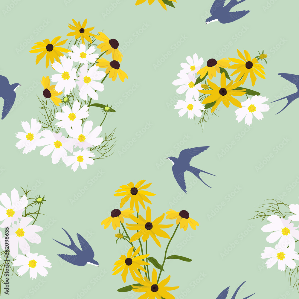 Seamless pattern with flowers of rudbeckia, kosmeja and swallows.