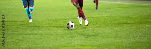 Fototapeta Naklejka Na Ścianę i Meble -  banner of soccer game players fighting for football