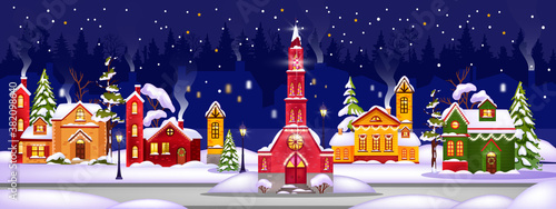 Winter Christmas vector houses illustration with town in snow drifts, night sky, x-mas tree. Holiday horizontal background with multi-colored buildings,street lights.Winter fairy-tale houses postcard