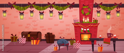 Christmas holiday room interior with fireplace, stockings, sleeping cat, table, presents. Winter vector house indoor background with red chimney, gifts,wreath. Decorated Christmas room with brick wall