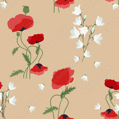 Vector seamless illustration with poppies and field bells