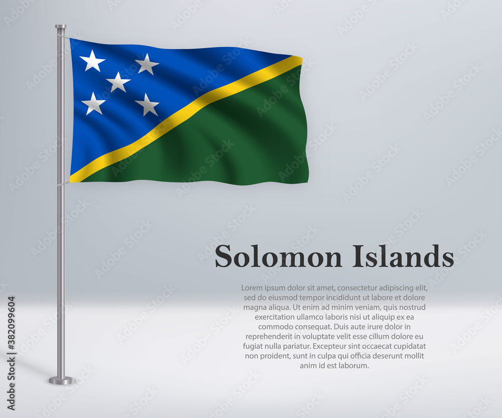 Waving flag of Solomon Islands on flagpole. Template for independence day Waving flag of Solomon Islands on flagpole. Template for independence day