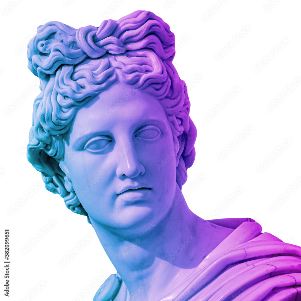 Statue of of Apollo God of Sun. Creative concept colorful neon image with ancient greek sculpture Apollo Belvedere head. Webpunk, vaporwave and surreal art style