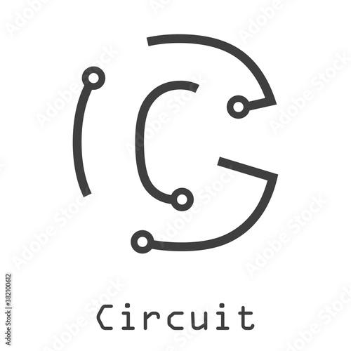 Logotipo abstracto letra inicial C lineal como circuito electrónico en color gris